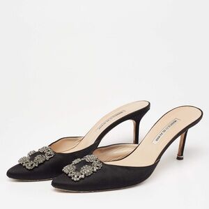Manolo Blahnik Black Satin Hangisi Mules Size 39